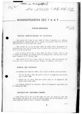 France, Administration of TAAF; and Orders concerning  administrative arrangements for French Sou...