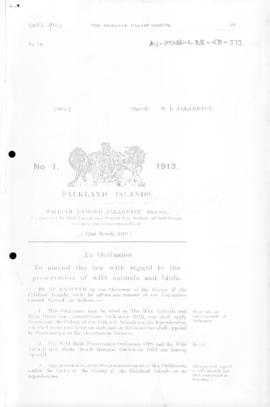 Falkland Islands, Wild Animals and Bird  Protection Amendment Ordinance, no 1 of 1913