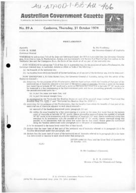 Australian Government Gazette, Proclamation under the Seas and Submerged Lands Act 1973 declaring...