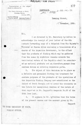 Colonial Office letter to the Foreign Office discussing the Argentine decrees relating to the imp...