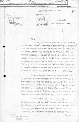 Admiralty letter to the Foreign Office rejecting possible grounds for the claims of Argentina to ...