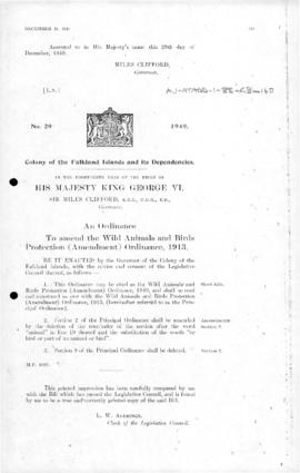 Falkland Islands Dependencies, Wild Animals and Birds Protection Ordinance, no 29 of 1949