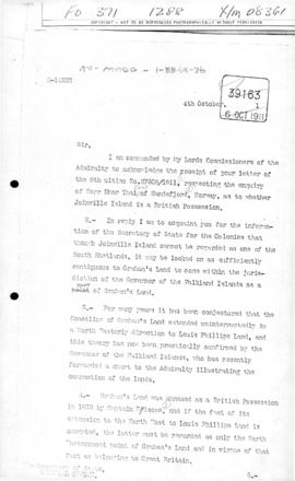 United Kingdom, Letter of from the Admiralty to the Colonial Office concerning British title to J...