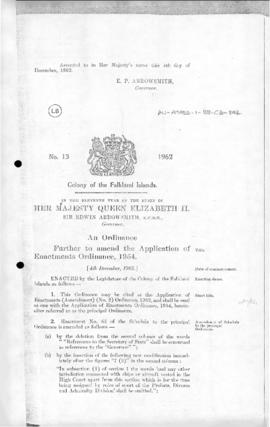 Falkland Islands, Application of Enactments (Amendment) (No. 2) Ordinance, no 13 of 1962