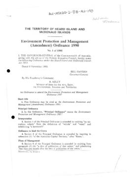 Environment Protection and Management (Amendment) Ordinance 1990 of the Territory of Heard Island...