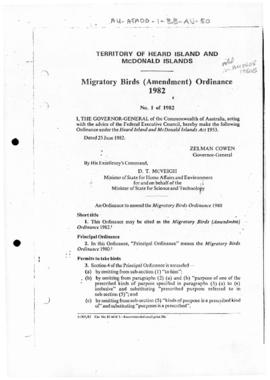 Australia, Migratory Birds Ordinance 1982 of the Territory of Heard Island and McDonald Islands