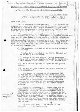 Argentine note to Uruguay in Argentina concerning sovereignty and air routes over the Malvinas Is...
