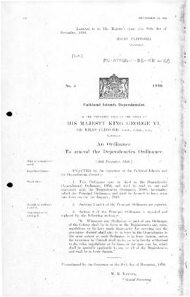 Falkland Islands Dependencies, ordinance to amend the Dependencies Ordinance, no 3 of 1950