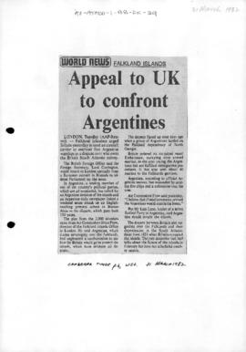Press article 'Appeal to UK to confront Argentines' Canberra Times and a related article