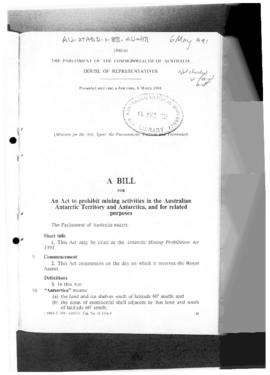 Australia, House of Representatives, Antarctic Mining Prohibition Bill and Explanatory Memordandum