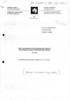 Sixteenth Antarctic Treaty Consultative Meeting, Bonn, Information paper 50 "30th Anniversar...