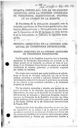 Argentine reservation made at the Inter-American Commission of dependant territories, Havana