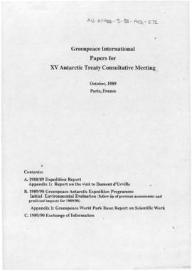 Greenpeace international, papers for XV Antarctic Treaty Consultative Meeting, Paris
