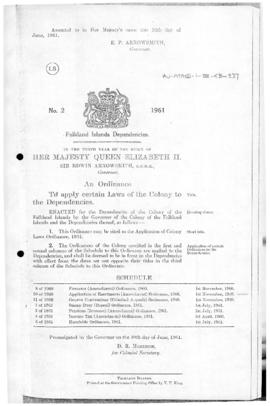 Falkland Islands Dependencies, Application of Colony Laws Ordinance, no 2 of 1961