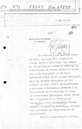French note seeking information concerning British claims to Louis Philippe Land, Joinville Islan...