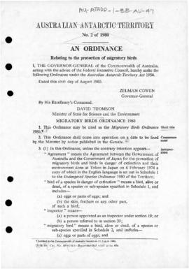 Australia, Migratory Birds Ordinance 1980 of the Australian Antarctic Territory