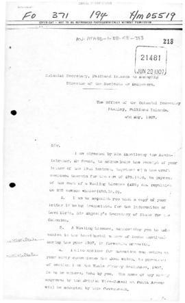 Falkland Islands, Letter from Colonial Secretary concerning Licence for Chilean whaling at South ...