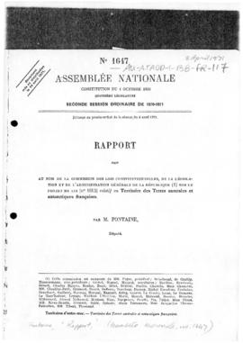 France, Assemblée Nationale, "Rapport" report concerning Kerguelen, Amsterdam and Croze...