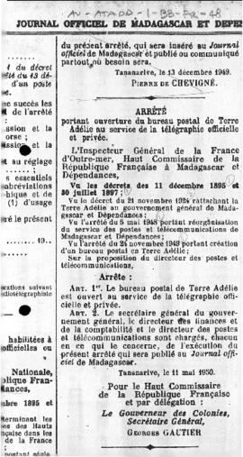 Order concerning the opening of a post office at Adélie Land for official and private telegraph s...