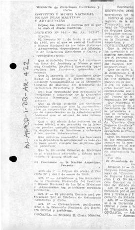 Argentina, Decree 916,  establishing the National Institute and Museum of the Falkland (Malvinas)...