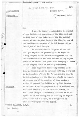 British Colonial Office despatch to Falkland Island concerning lease of South Georgia