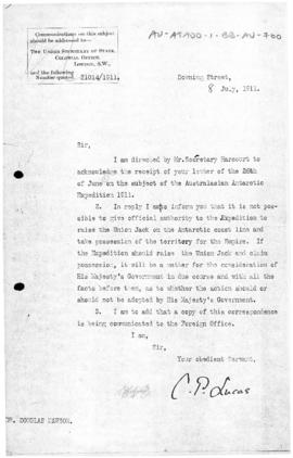 British Colonial Office letter to Dr Douglas Mawson concerning authority to claim territory