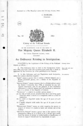 Falkland Islands, Immigration Ordinance, no 10 of 1965