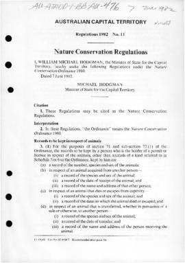 Australian Capital Territory, Nature Conservation Regulations