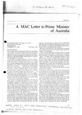 MAC letter to the Prime Minister of Australia concerning conservation of Antarctic marine living ...