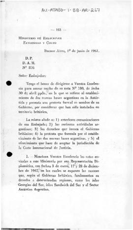 Argentine note to the United Kingdom rejecting the British protest at the establishment of Argent...