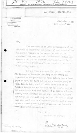 Letter from Admiralty to the British Foreign Office concerning the status of the South Orkney Isl...