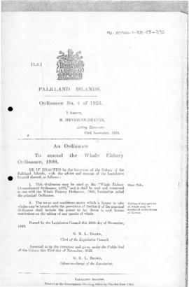 Falkland Islands, Whale Fishery (Amendment) Ordinance, no 4 of 1923