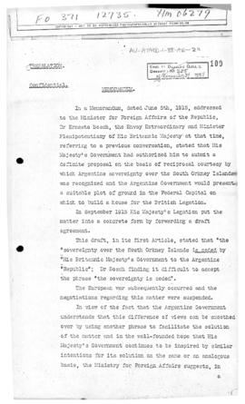 Argentine memorandum suggesting the re-opening of negotiations for the exchange of the South Orkn...