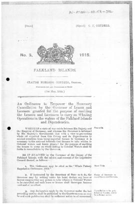 Falkland Islands, Whale Fishery Regulation Ordinance, no 5 of 1915