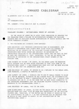 Australia, cablegram concerning referral of the Falkland Islands dispute to the International Cou...