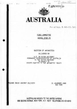 Australian Mission to the United Nations, First Committee, Agenda Item 70 "Question of Antar...