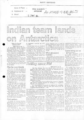 Press article "Indian team lands in Antarctica" The Hindu, and related press articles a...