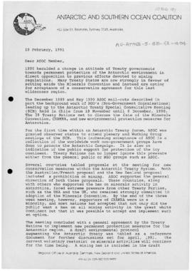 Antarctic and Southern Ocean Coalition letter to members. Includes 1991-02-06 "ASOC report o...