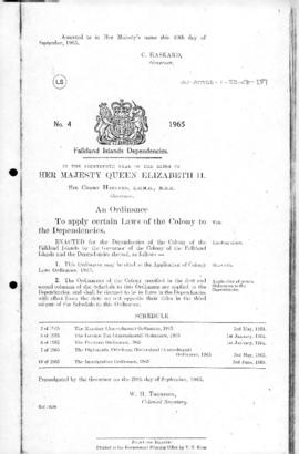Falkland Islands Dependencies, Application of Colony Laws Ordinance, no 4 of 1965
