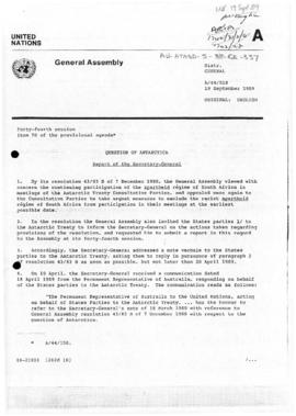 United Nations General Assembly, Forty-fourth session, "Question of Antarctica: Report of th...