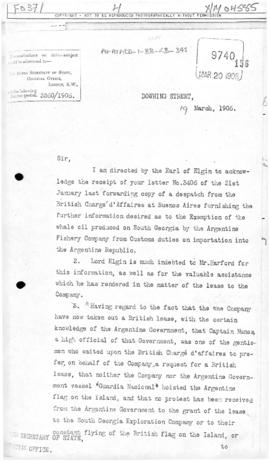 Colonial Office letter to British Foreign Office concerning Argentina lease on South Georgia and ...