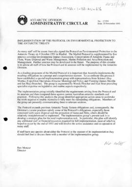 Australia, Antarctic Division, Administration Circular, Implementation of the Protocol on Environ...