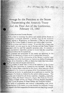 United States "Message by President Eisenhower to the Senate transmitting the Antarctic Trea...
