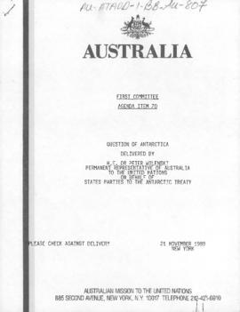 Australia, "Question of Antarctica" United Nations, First Committee 21 November 1989