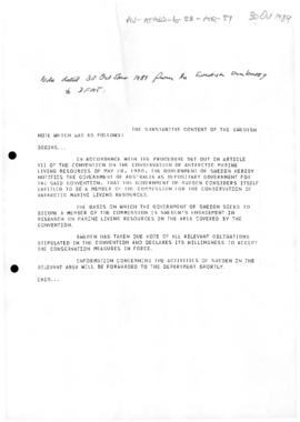 Australia, Department of Foreign Affairs cablegram, extract of notes  concerning Sweden's accessi...