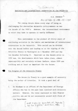 Hugh Wyndham "Australia and international cooperation in the Antarctic" [draft chapter ...