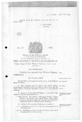 Falkland Islands, Whale Fishery (Amendment) Ordinance, no 13 of 1964