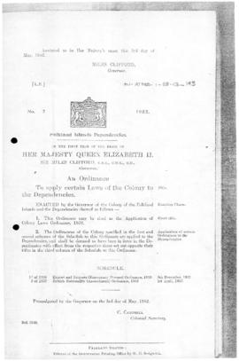 Falkland Islands Dependencies, Application of Colony Laws  Ordinance, no 2 of 1952