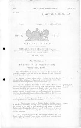 Falkland Islands, Whale Fishery Amendment Ordinance, no 5 of 1912