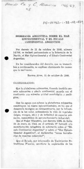 Argentina, Decree no. 14,708 declaring rights of national sovereignty over Argentine epi-continen...